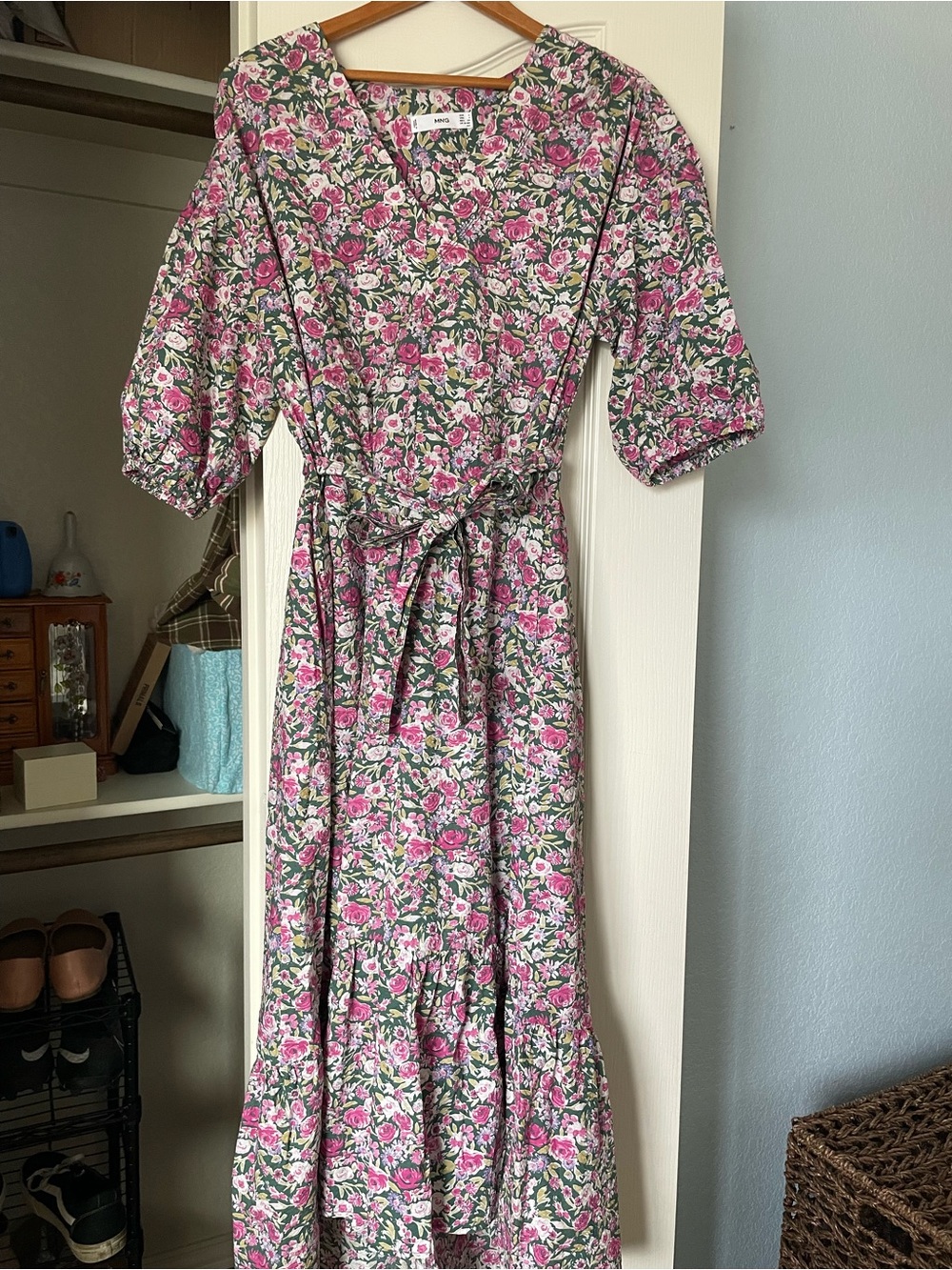 Mango Pink and Green Floral Tie-Waist Maxi Dress